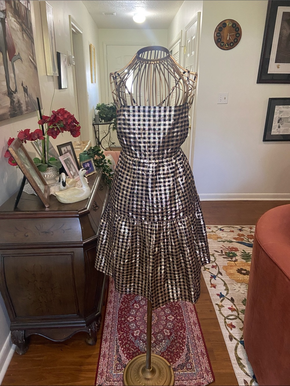 J. Crew Black and White Gingham Midi Dress
